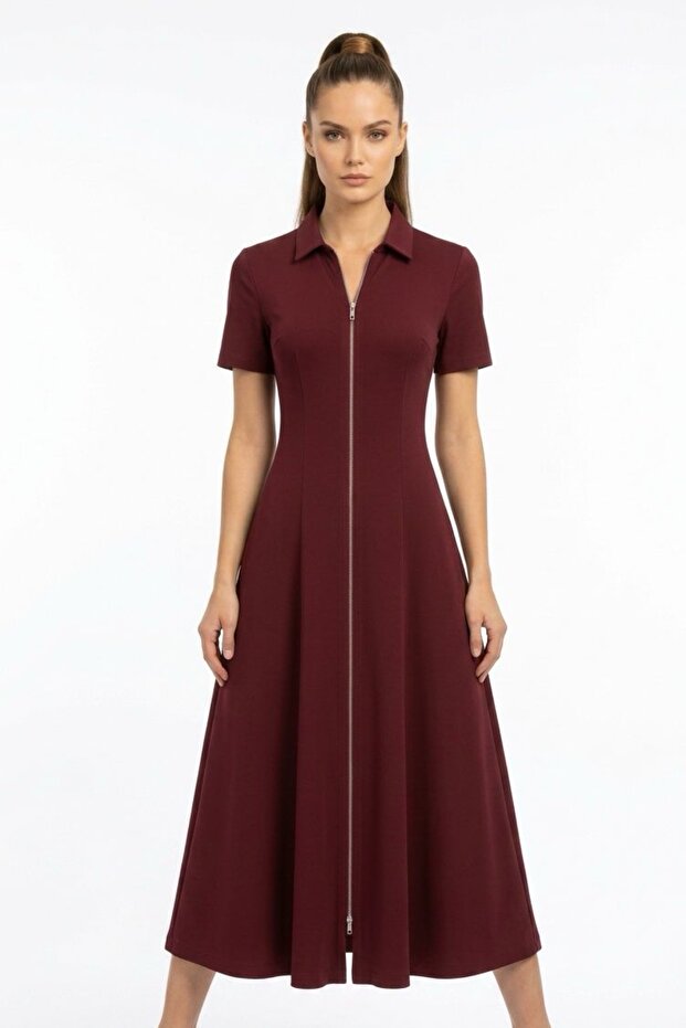 Women's Short Sleeve Double Zipper Midi Length Collared Modal Dress
