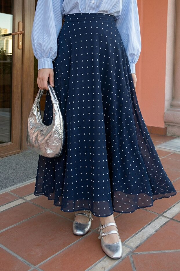 Flared Polka Dot Navy Blue Chiffon Skirt