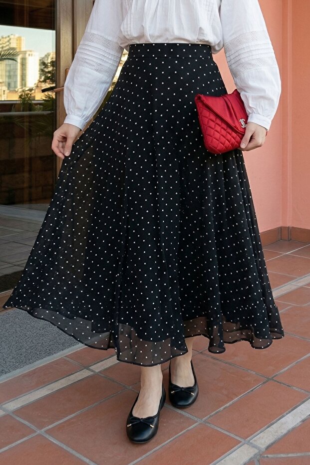 Flared Polka Dot Black Chiffon Skirt