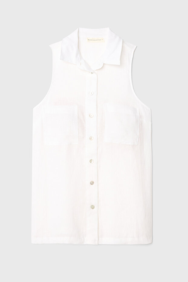 Women's White Double Pocket Sleeveless Linen Shirt