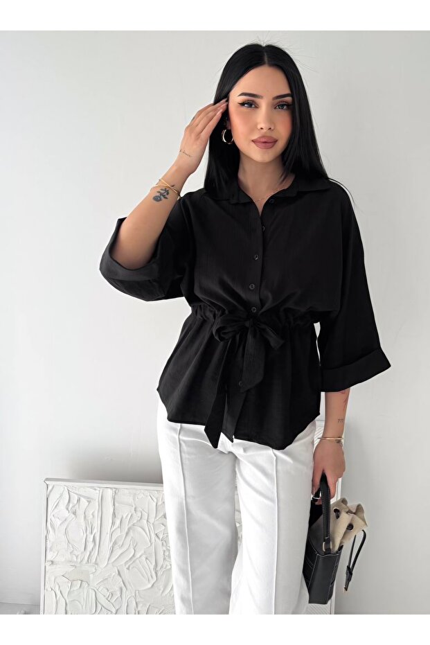 Women's Belted Shirt with Folded Sleeves Detail