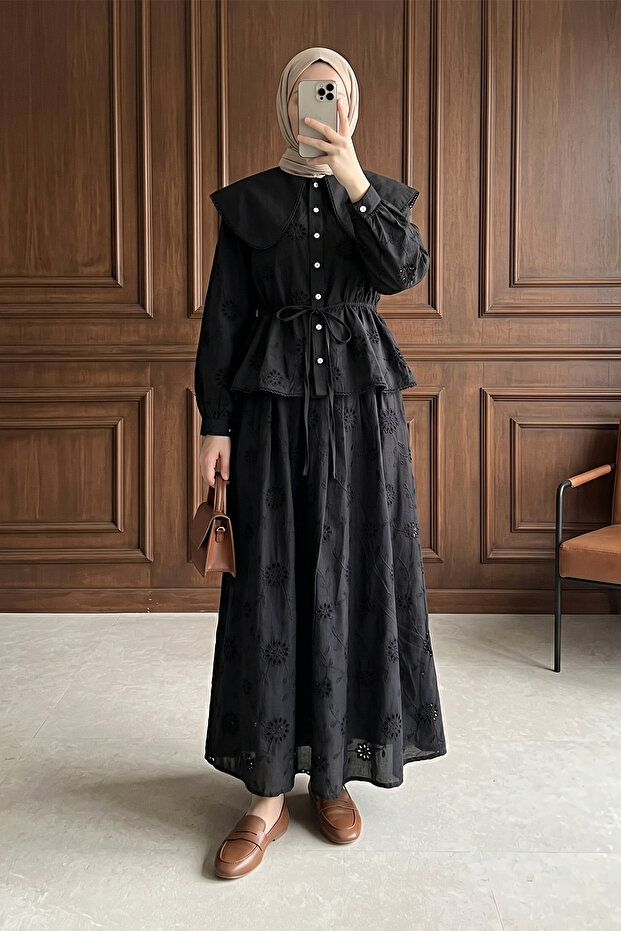 Lined Baby Collar Embroidery Detail Linen Top and Bottom Set - Black