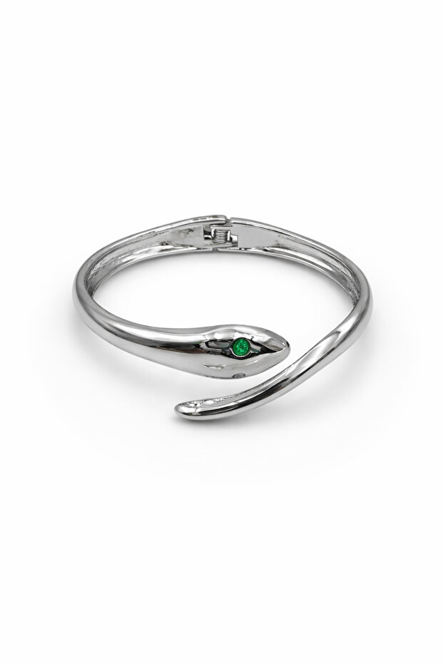 Green-eyed snake form silver handcuff bracelet