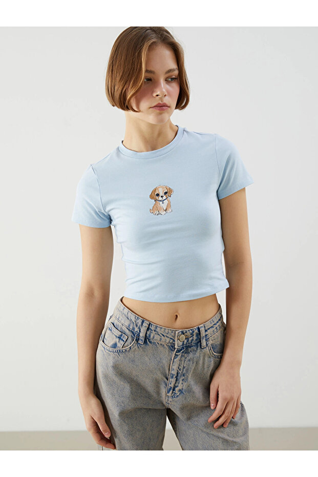 Xside Blue Crew Neck Dog Printed Women's Crop