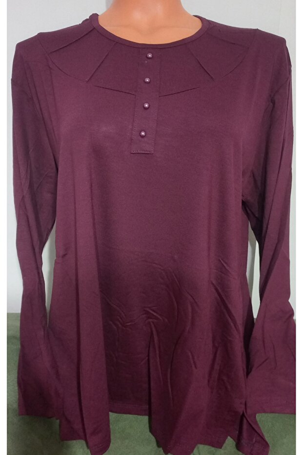 Er Clothing Battal Combed Cotton Blouse Long Sleeve Crew Neck Burgundy