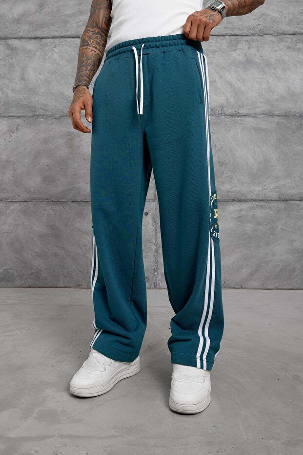 Men's Sweatpants Striped Label Detail Six Green Oversize Baggy Loose Fit 3 Thread Without Threaded Detail