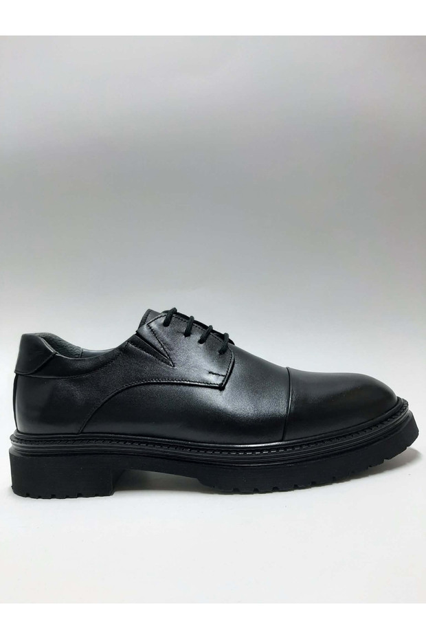 Genuine Leather Lace-Up Heel-Headed Black Classic Casual Model Men's Shoes