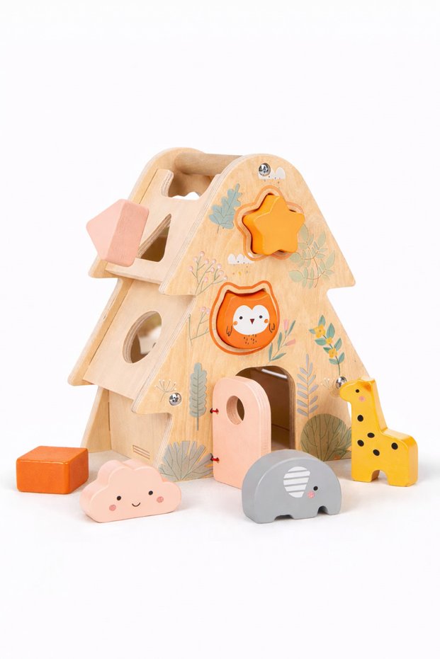 Interactive educational wooden toy – Sorting colored shapes, motor development