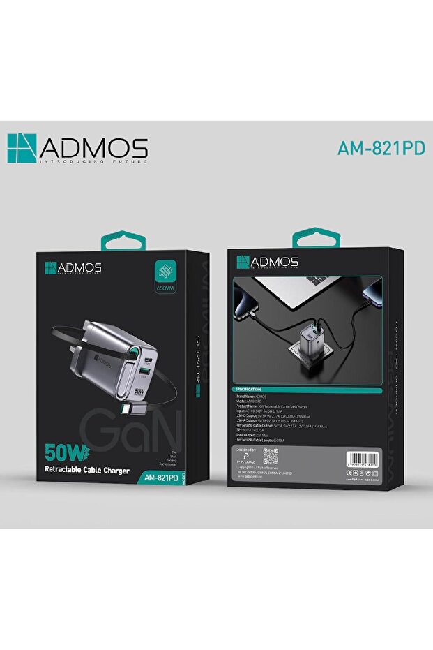 شاحن AM-821PD بقوة 50 واط مع كابل قابل للسحب وتقنية GaN