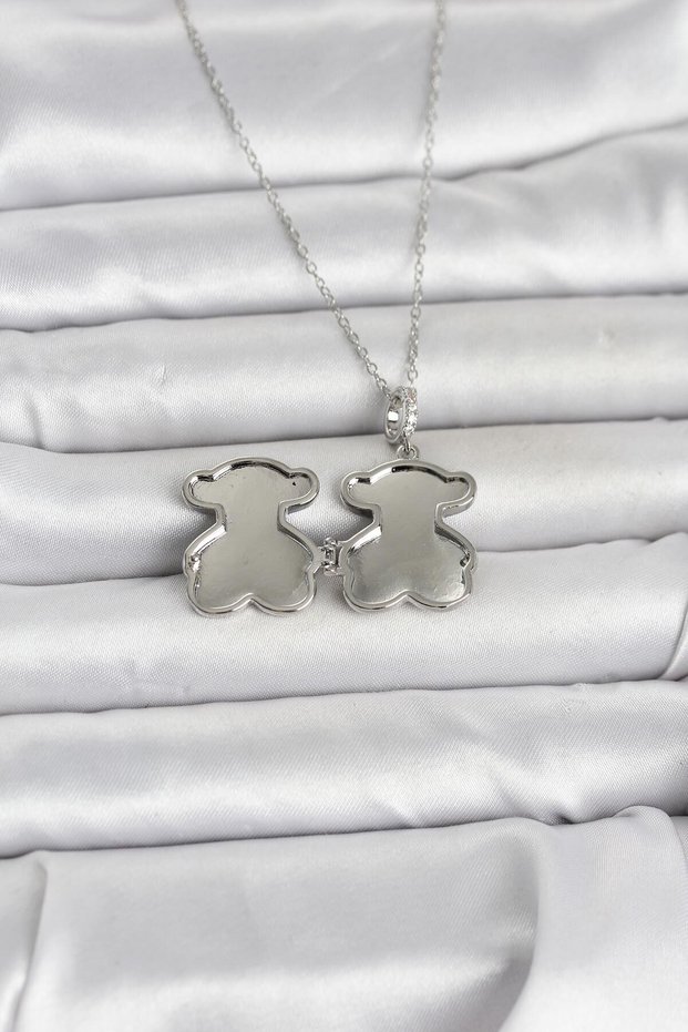 Silver Steel Chain Teddy Bear Style Opening Women's Necklace for Elegant Necks