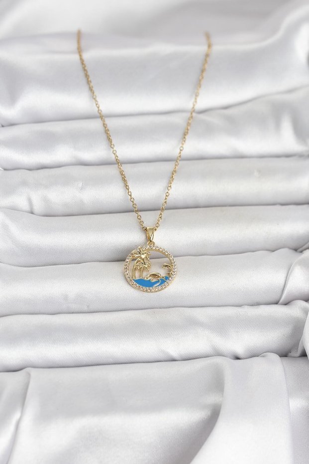 Zircon Sea Motif Women's Necklace with Golden Steel Chain for Elegant Necks