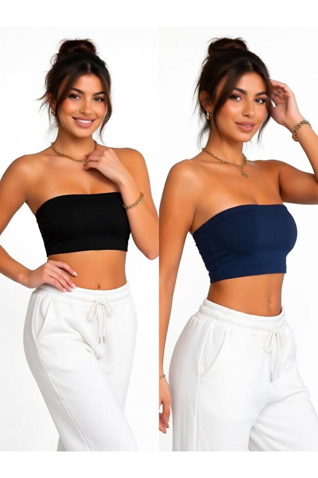 Women's 2-Pack Strapless Crop Top Bustier Underbust Short Bandeau Top Basic Stylish Undershirt