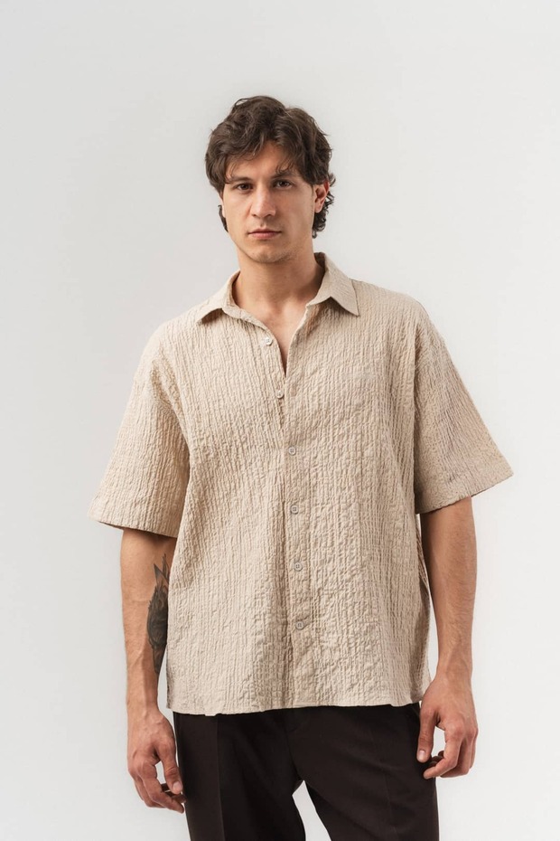 Ripple Crinkle Fabric Oversize Short Sleeve Shirt