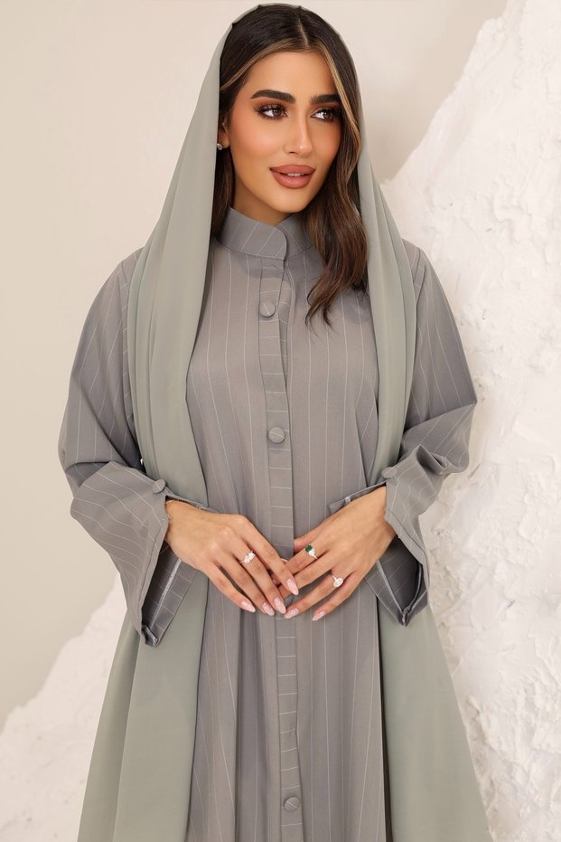Premium Grey Stripe Abaya With highneck with buttons closer