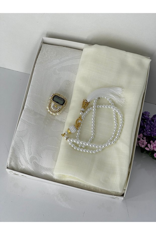 Luxury gift set taffeta prayer rug cotton muslin pearl rosary stone zikirmatik mawlid umrah hajj gift