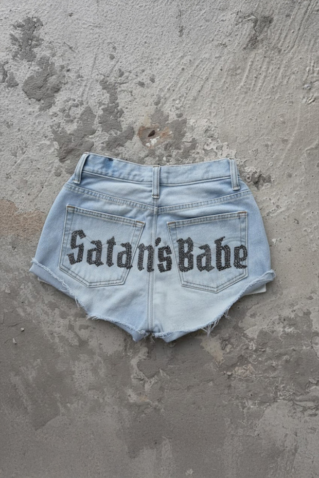 Blue Satan's Babe Stoned Y2K Mini Shorts