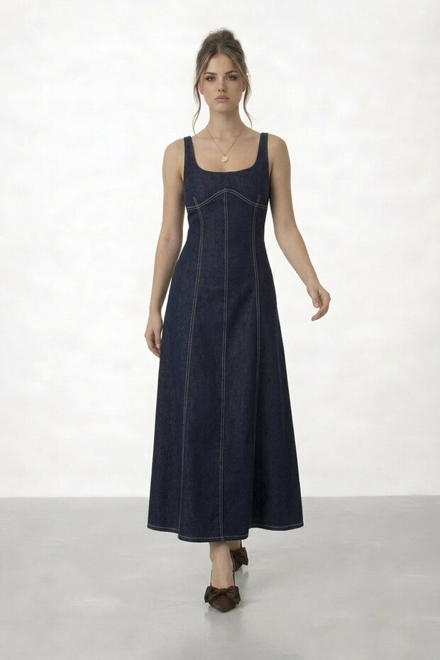 Square Neckline Maxi Dress with Stitching Detail