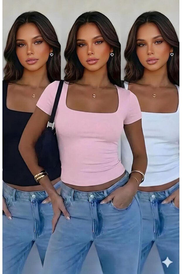 Women's 3-Piece Cotton Soft Textured Comfortable Straight Cut Short Sleeve Square Neck Bluz-Body-Tshirt