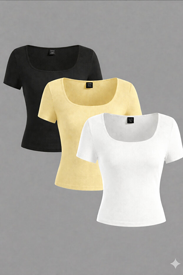 Cotton Soft Textured Comfortable Straight Cut Short Sleeve Square Neck Bluz-Body-Tshirt