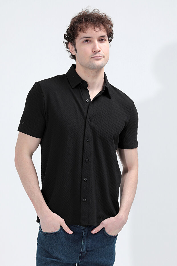 Men's Short Sleeve Buttoned Textured Shirt Black - 26Y 4093