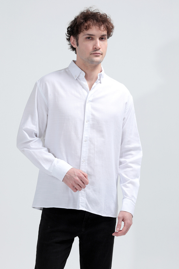 Men's Long Sleeve Buttoned 100% Cotton Shirt White - 1001