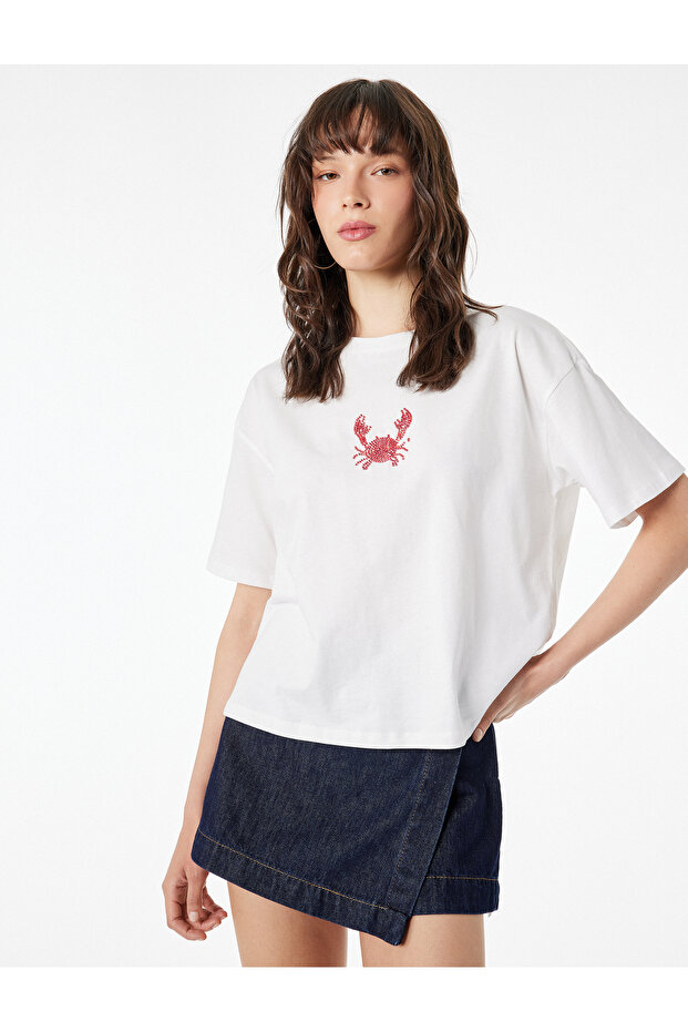 Beaded Crab Embroidered Short Sleeve Crew Neck P Cotton U T-Shirt
