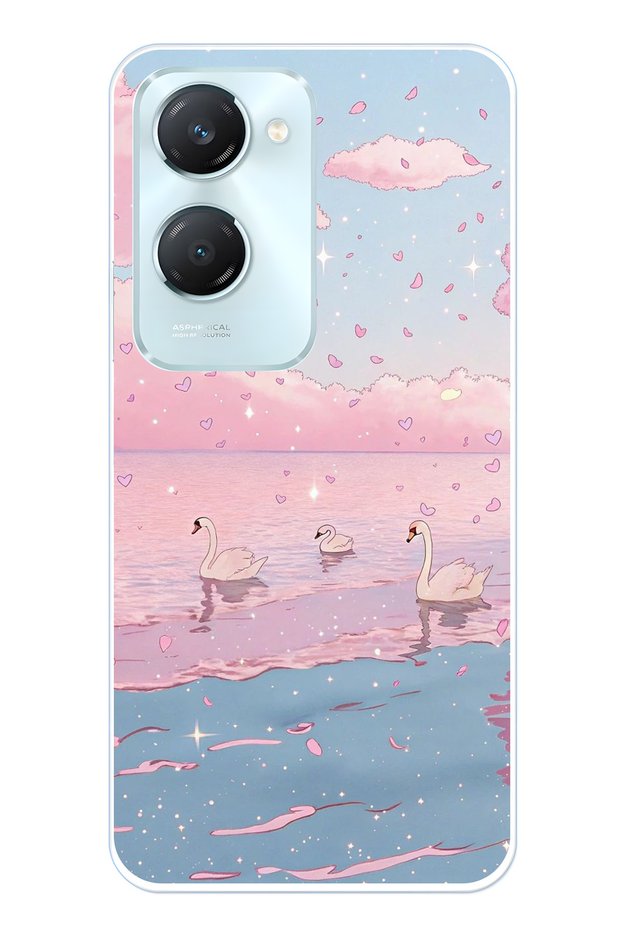 Vivo Y18 Compatible Pink Sky and Swan Pattern Transparent Phone Case