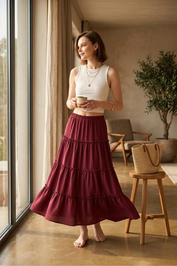 Burgundy Maxi Layered Skirt with Volan Detail / Summer High Waist Comfortable Cut Casual & Stylish Combination