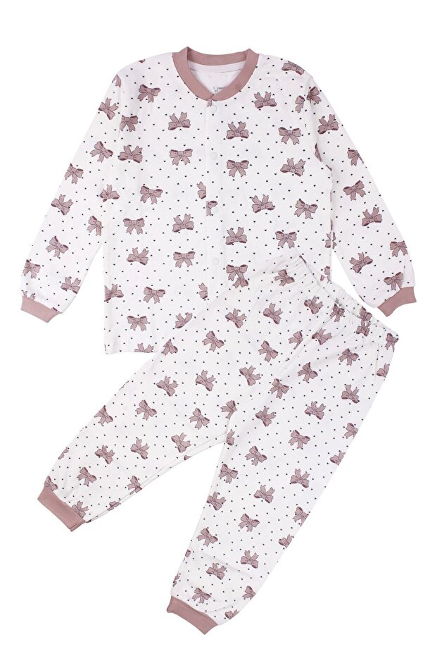 Girl's Ecru Dusty Rose Bow Printed Snap Fastener Pajamas