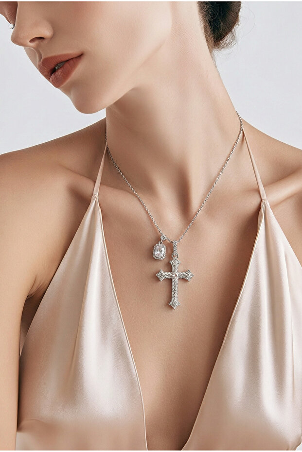 Colier Silver Pink Cruce - 1