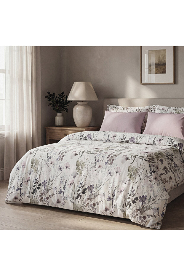Florissa Spring Texture Double 100% Aegean Cotton Duvet Cover Set - Bed Sheet Pieces - 4 Pillow Pieces Lilac