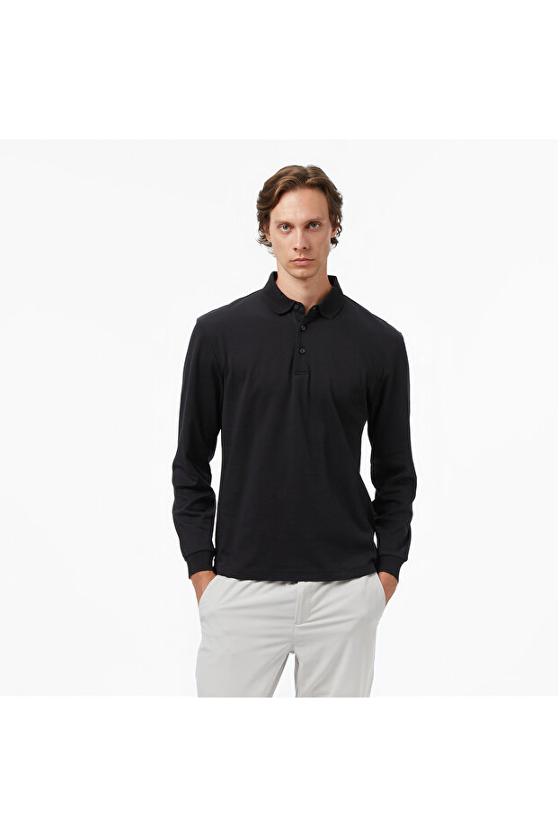 Men's Black Classic Fit Long Sleeve Polo Neck T-Shirt