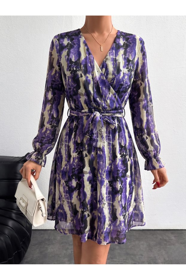 Women's Belt Detail Patterned Stylish Chiffon Dress