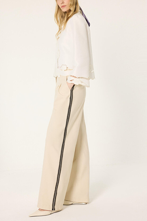 Stone-Embellished Striped Detail Pants