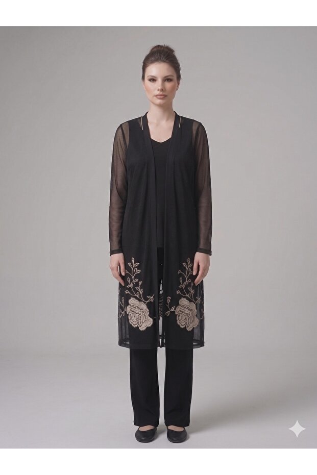 Femi̇na Cardigan and Inner Blouse Set with Embroidery Tr Sheer 64768
