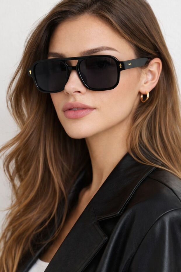 Unisex Black Square Sunglasses Pilot Style Modern Retro Design Uv400 Protected Bone Frame