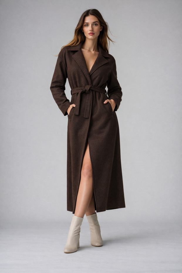 Women's Trend Unlined Pocketed Belted Brown Long Melton Coat