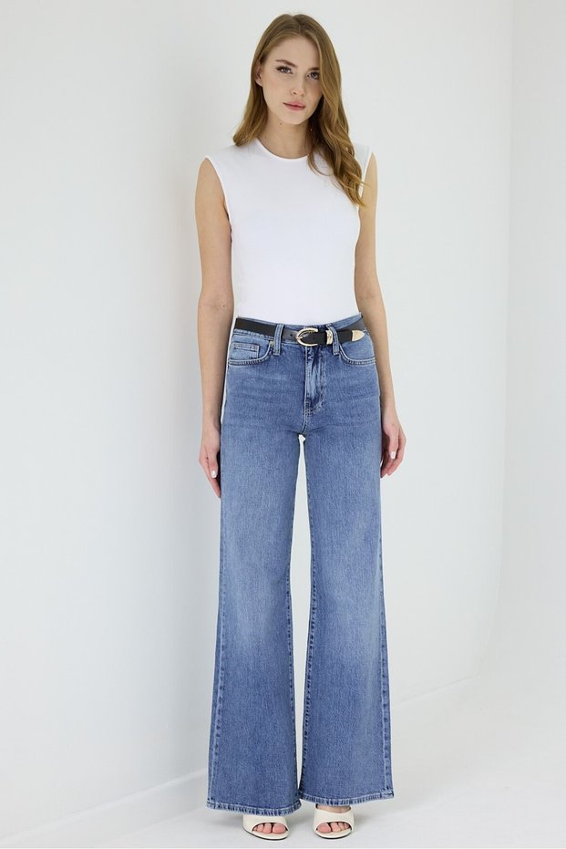 Women's Spanish Flare Jeans – High Waist Snow Blue Wash Stretch Denim (Long Length)