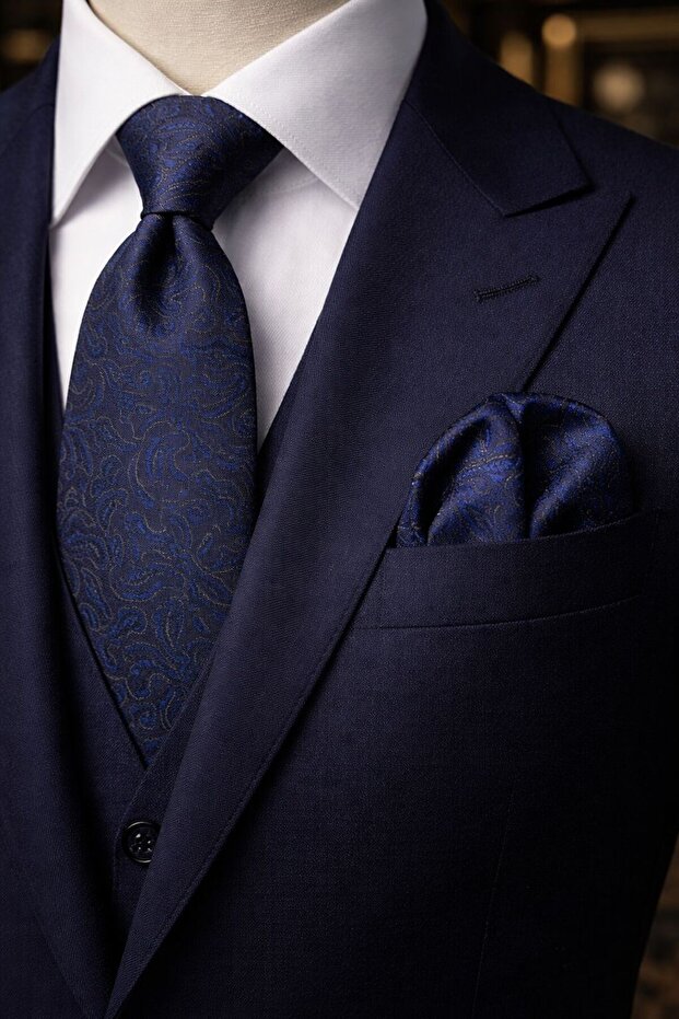 Navy Blue Brown Shawl Pattern Handkerchief Tie