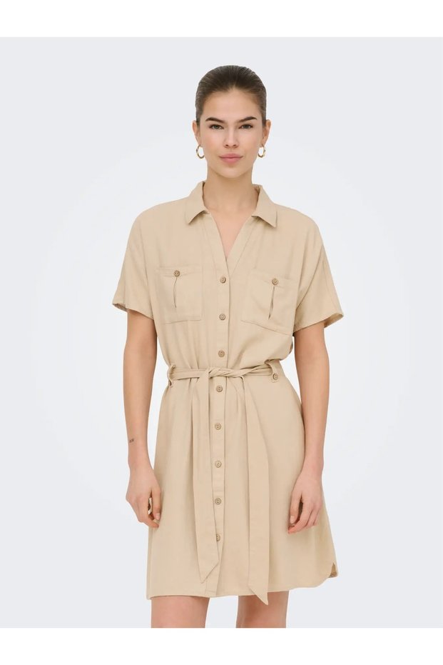 Onlgoa Ss Linen Blended Belted Women's Shirt Dress 15371420