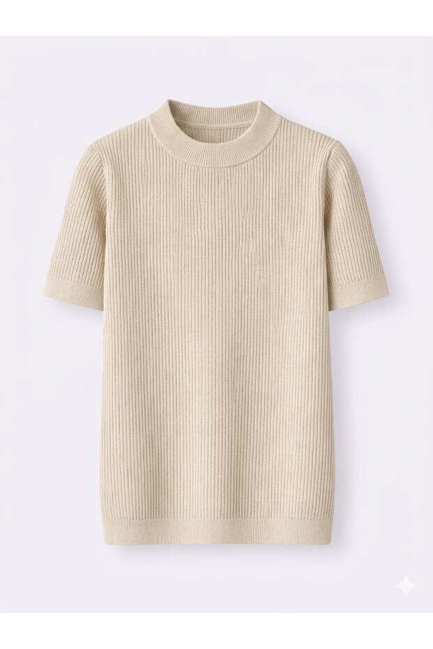 Men's Relaxed Fit Ribbed Knitwear Tshirt Beige Eca069