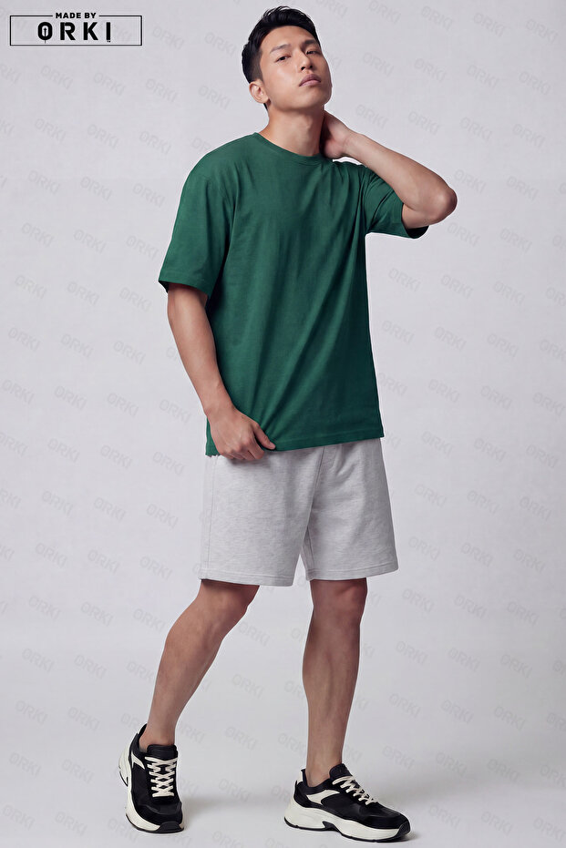Men's Oversized Basic Unisex Forest Green T-Shirt Gray Shorts Set Melange Summer Casual Fit