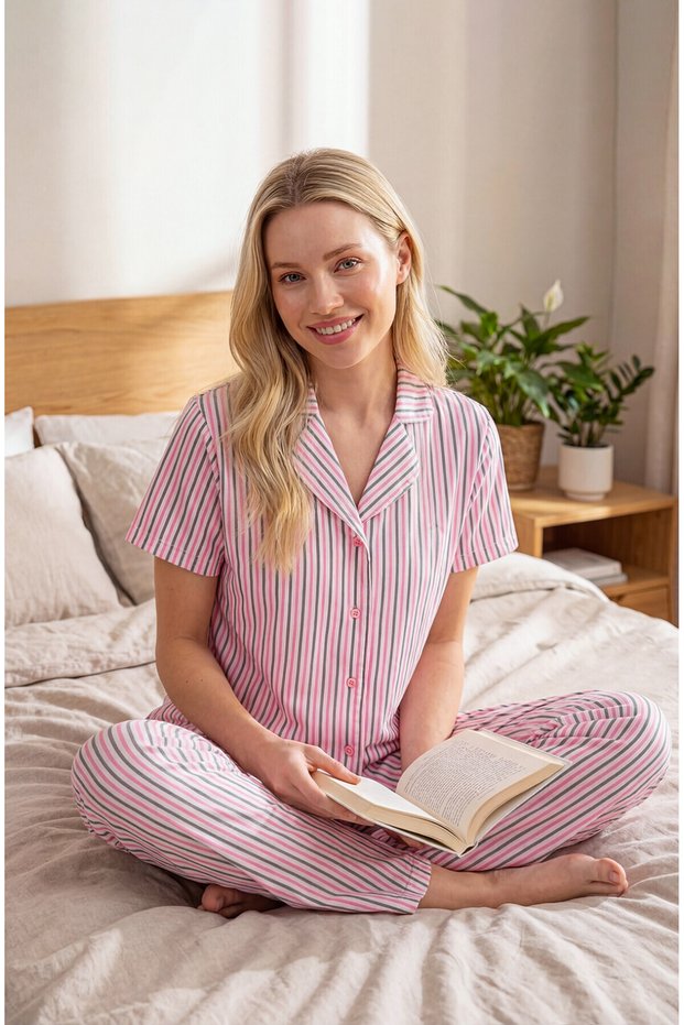 100% Cotton Short Sleeve Women's Pajama Set of Cotton and Striped Shirt Collar Pieces