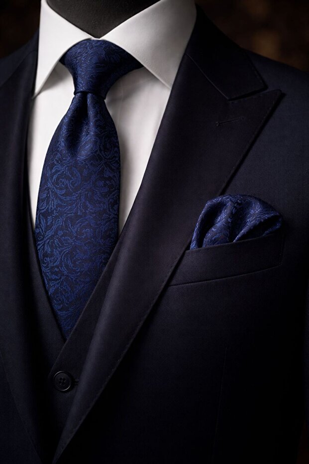 Navy Blue Shawl Patterned Handkerchief Tie