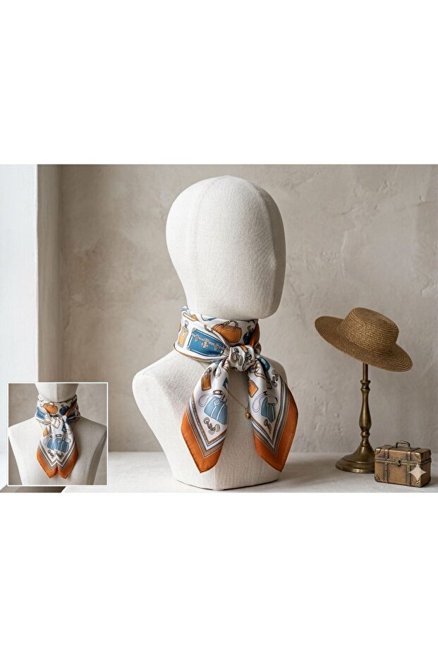 Women's Orange Patterned Silky Satin Scarf 70X70
