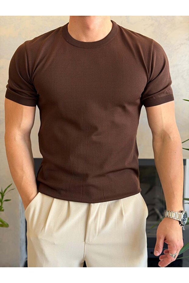 Men's Crew Neck Knitwear Tshirt Bitter Brown Eca070