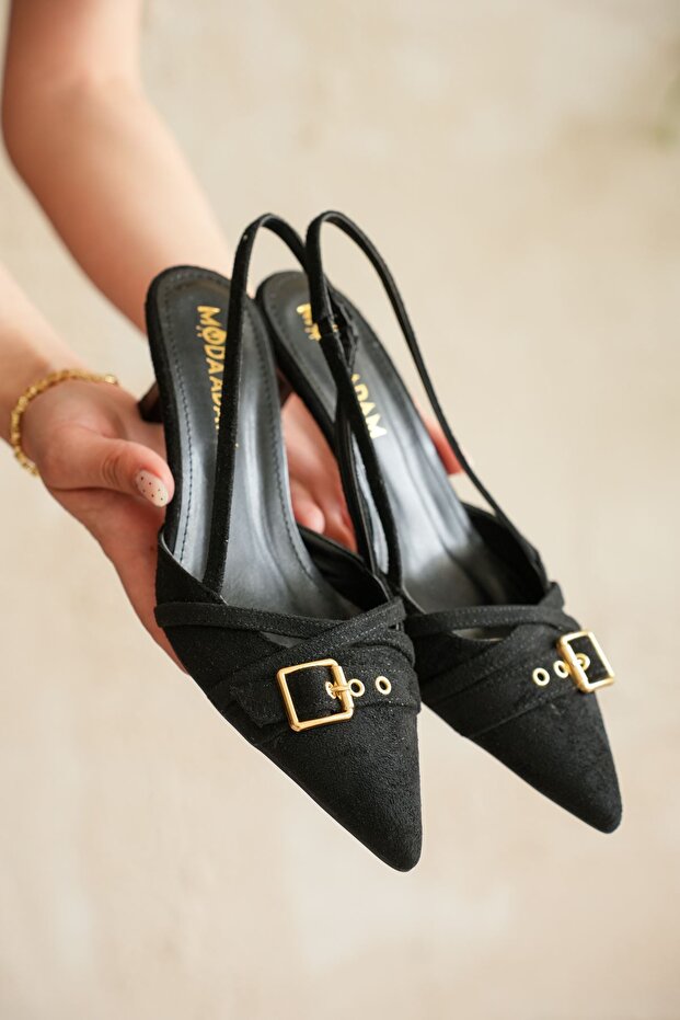 Women's Paris Slim Short Heeled Shoes - Black Suede