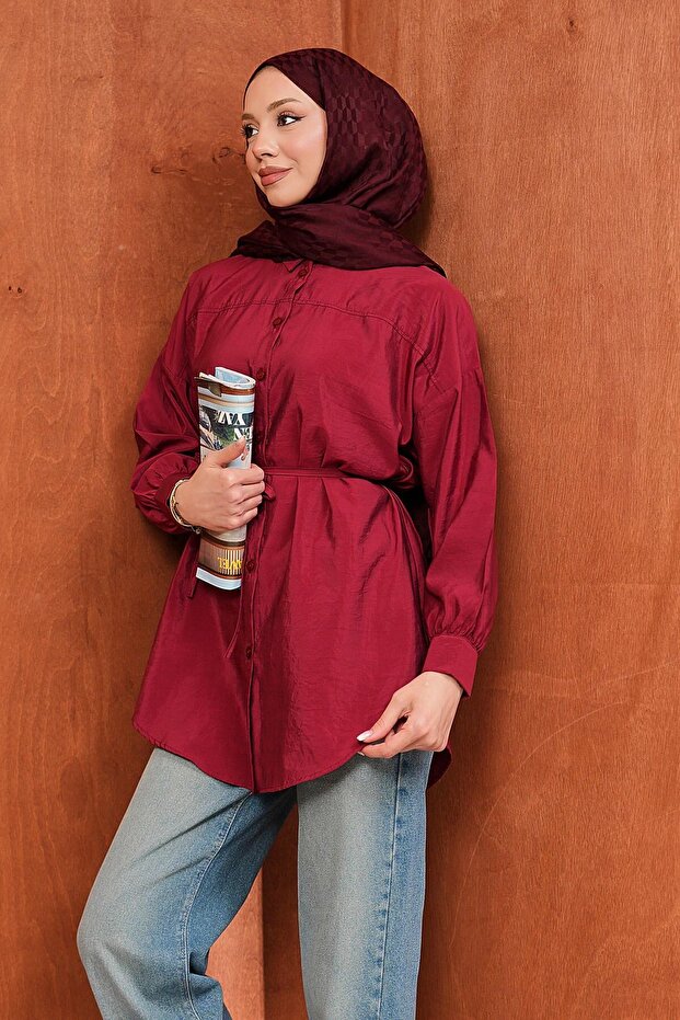 Burgundy Buttoned Modal Shirt with String Tie