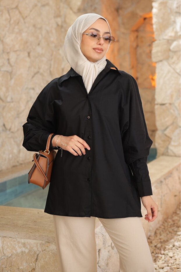 Black Buttoned Bat Sleeve Terikoton Shirt