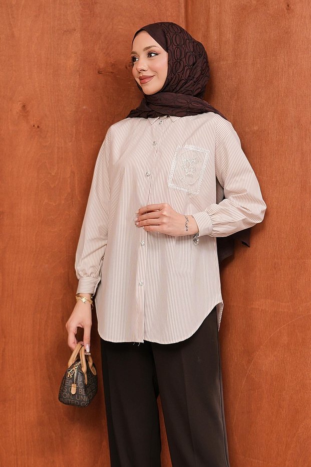 Beige Buttoned Striped Shirt with Stone Detail
